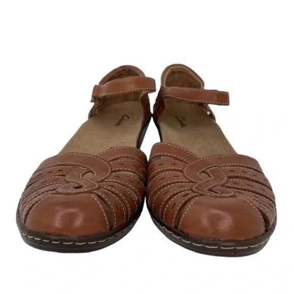CLARKS Heeled Sandals Brown Leather Ankle Strap Size 10 - Picture 4 of 11